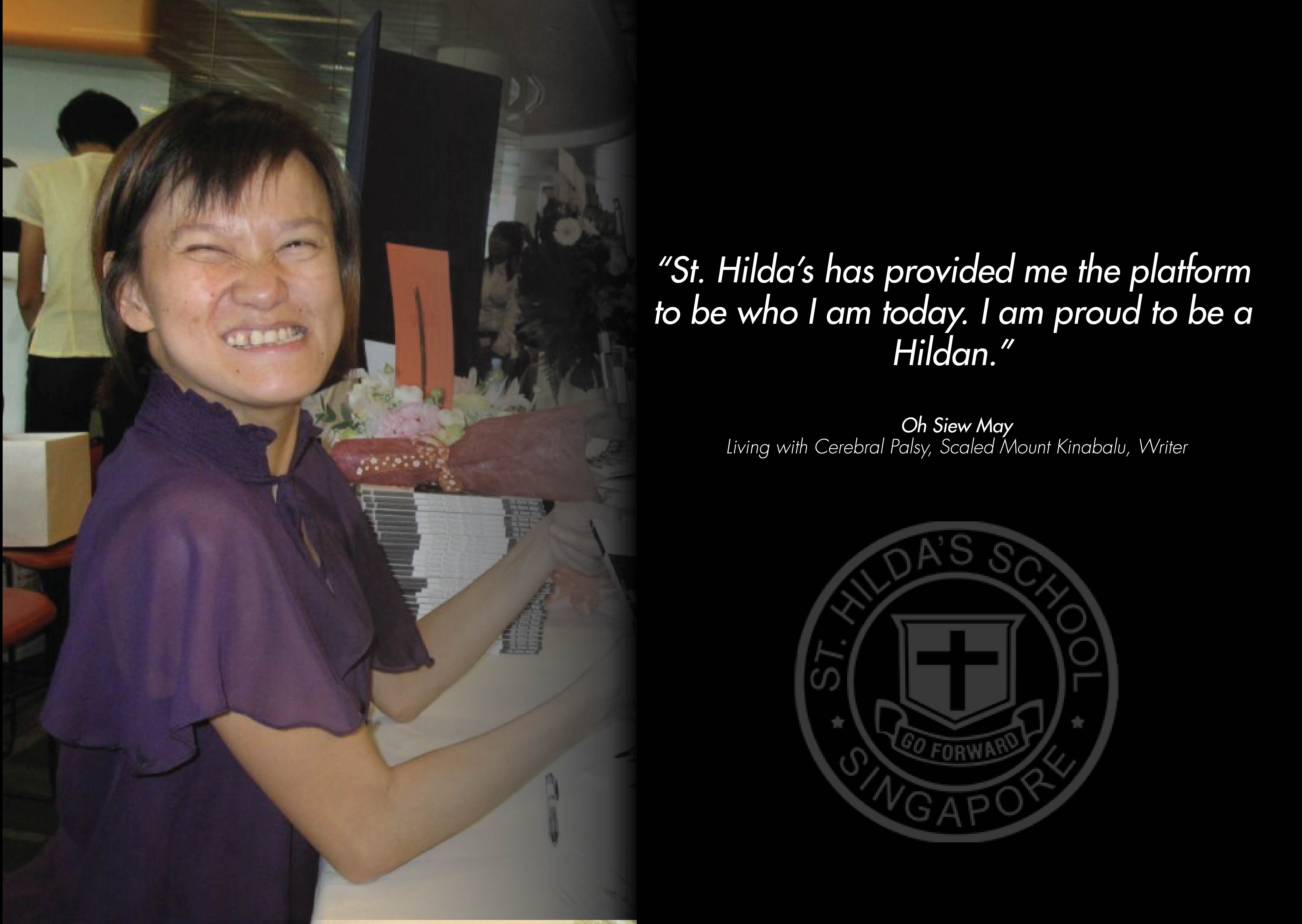 Smiling woman in purple dress holding flowers beside a quote from Oh Siew May and St. Hilda's School Singapore seal.